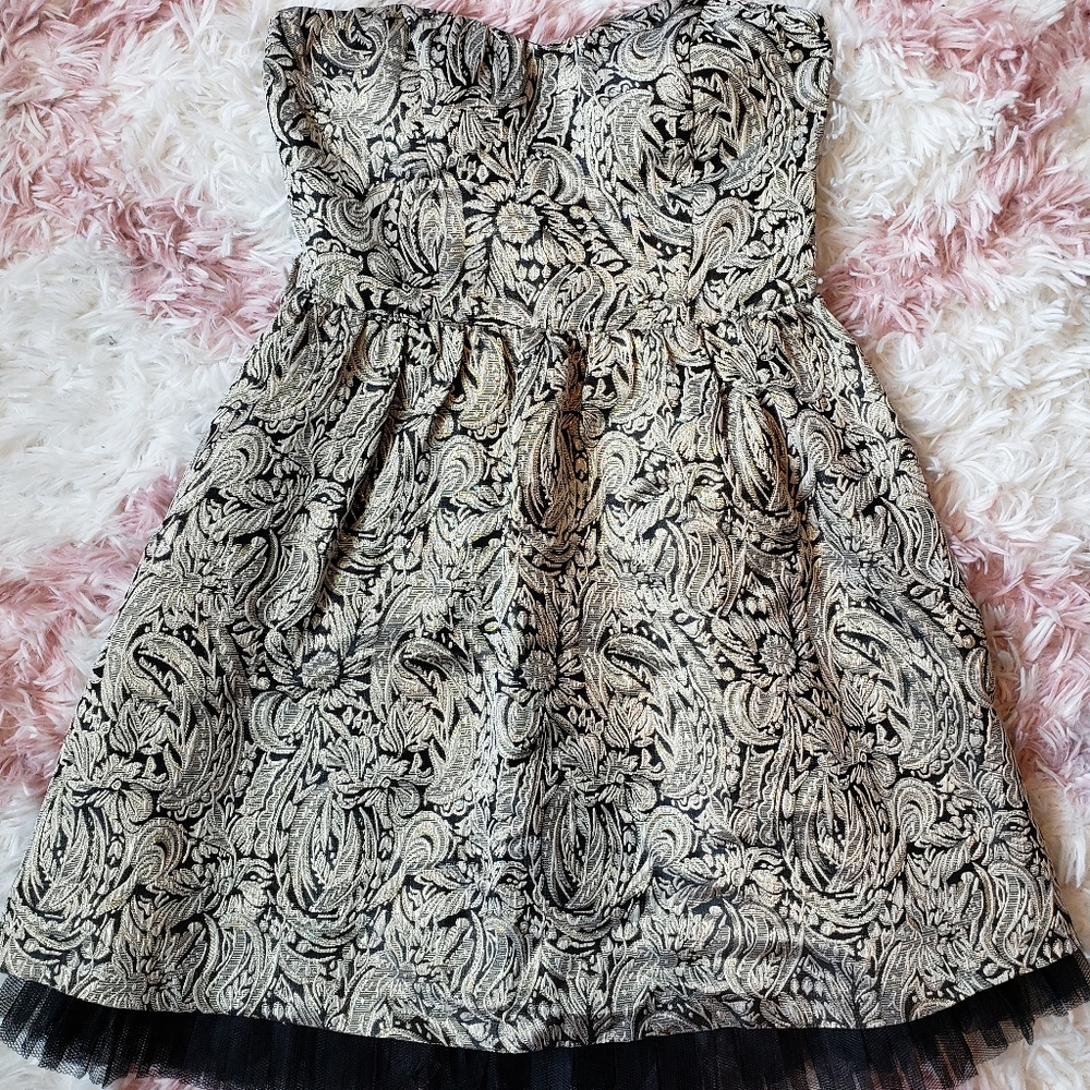 Gold, Black Strapless Minidress